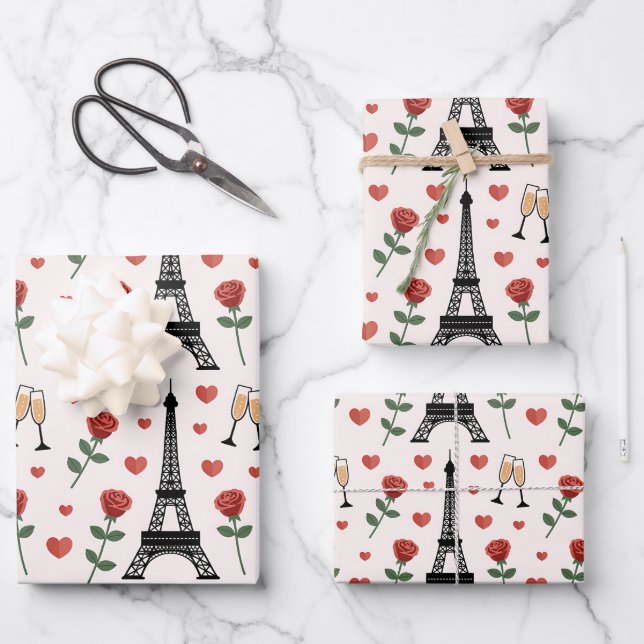 Chic Romantic Paris France Eiffel Tower & Roses Wrapping Paper Sheet (Front)