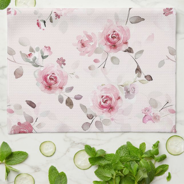 Chic Romantic Pink Floral   Tea Towel (Folded)