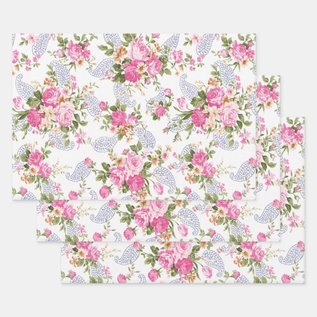 Chic Romantic Pink Roses Botanical Floral Wrapping Paper Sheet (Set)
