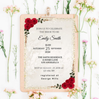 Chic Romantic Red Roses & Gold Foil Bridal Shower Invitation