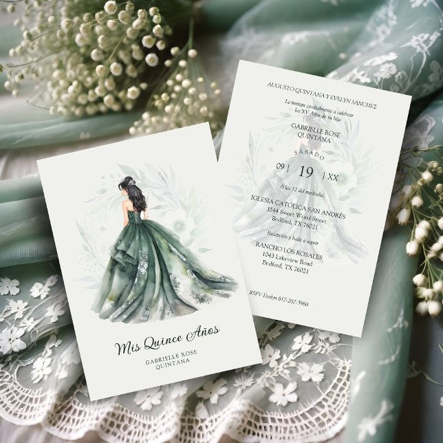 Chic Romantic Spanish Quinceañera Green Shades Invitation (Chic Romantic Spanish Quinceañera Green Shades Invitation Card.)