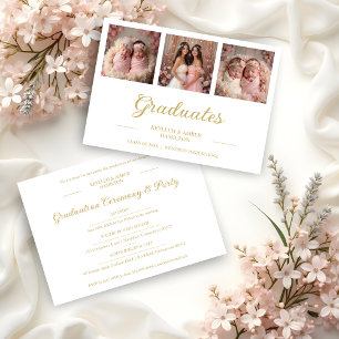 Chic Romantic Then & Now 3-Photo Twins Double Grad Invitation