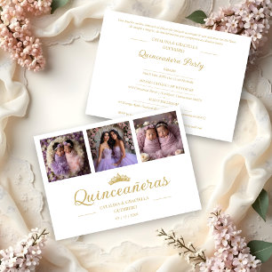 Chic Romantic Then & Now 3-Photo Twins Quinceañera Invitation