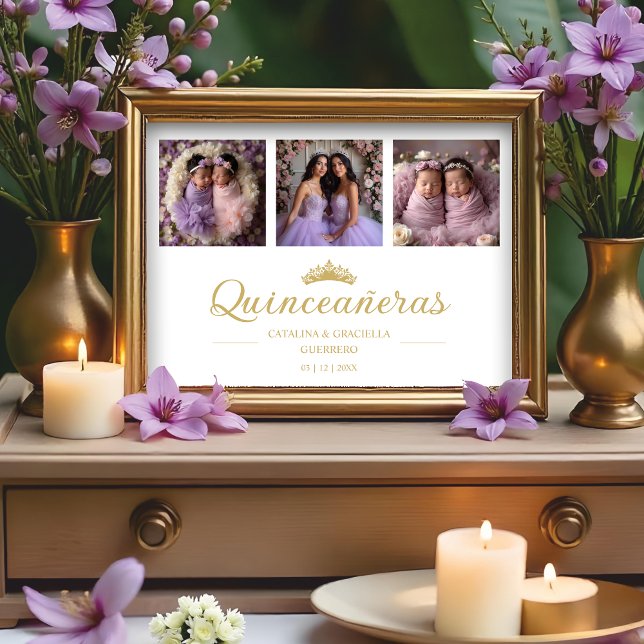 Chic Romantic Then & Now 3-Photo Twins Quinceañera Poster (Spanish Chic Romantic Then & Now 3-Photo Twins Double Quinceañeras Celebration Faux Golden Posters)