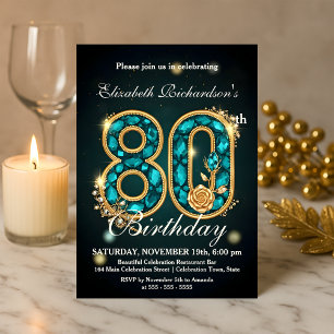 Chic Rose Amethyst Gold Teal Jewels 80th Birthday  Invitation