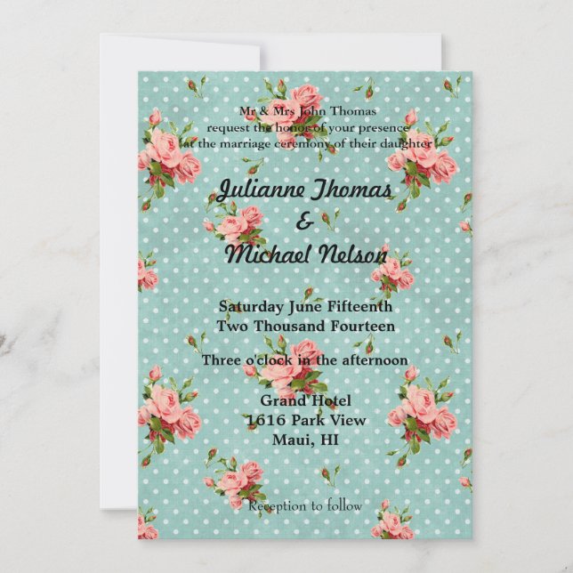 Chic Rose Blue Vintage Wedding Invitation (Front)