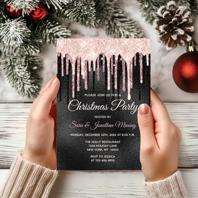Chic rose blush black dripping monogram Christmas  Invitation (Creator Uploaded)