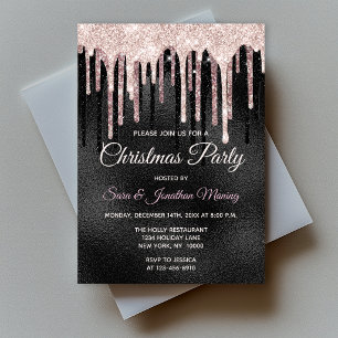 Chic rose blush black dripping monogram Christmas  Invitation
