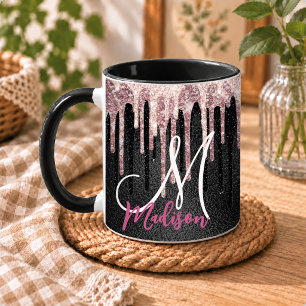 Chic rose blush black dripping monogram mug