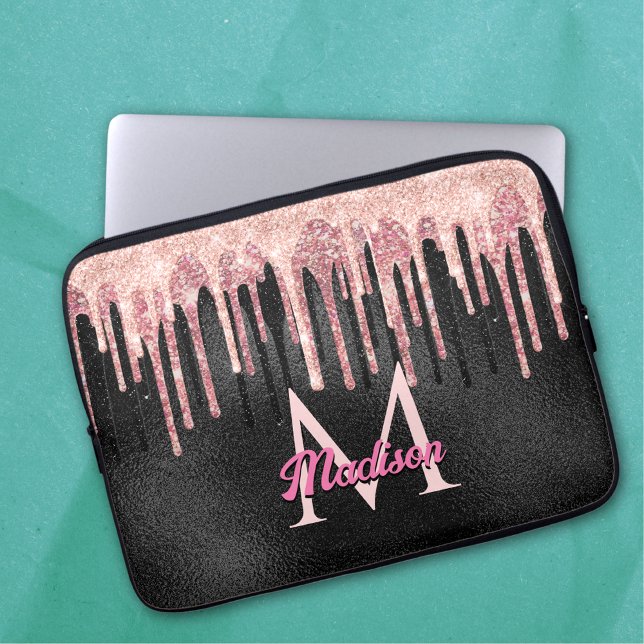Chic rose blush black dripping monogram notebook laptop sleeve (Creator Uploaded)