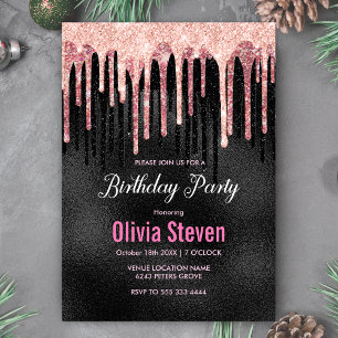 Chic rose blush, black glitter dripping invitation