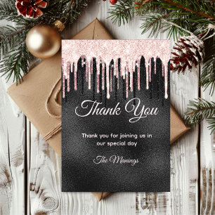 Chic rose blush black glitter dripping thank you card
