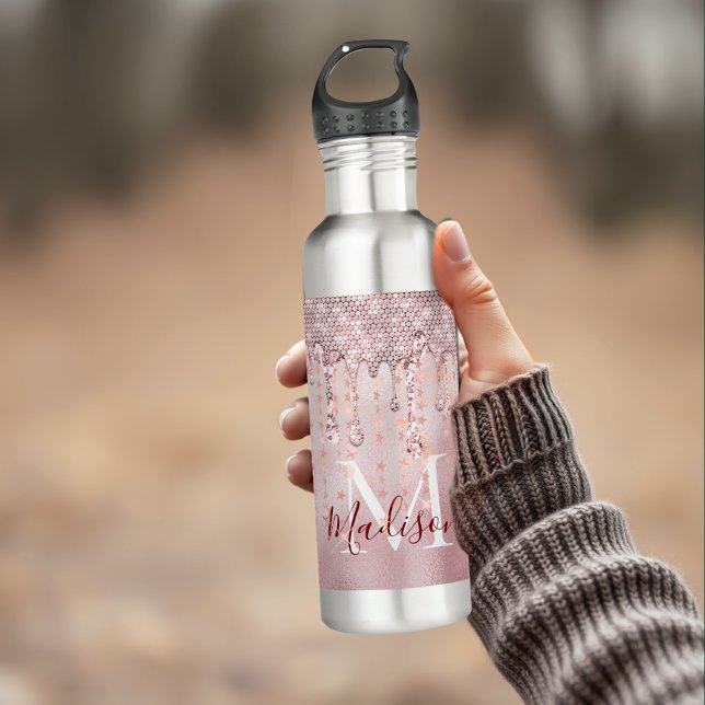 Chic rose blush gold glitter dripping monogram 710 ml water bottle (Creator Uploaded)
