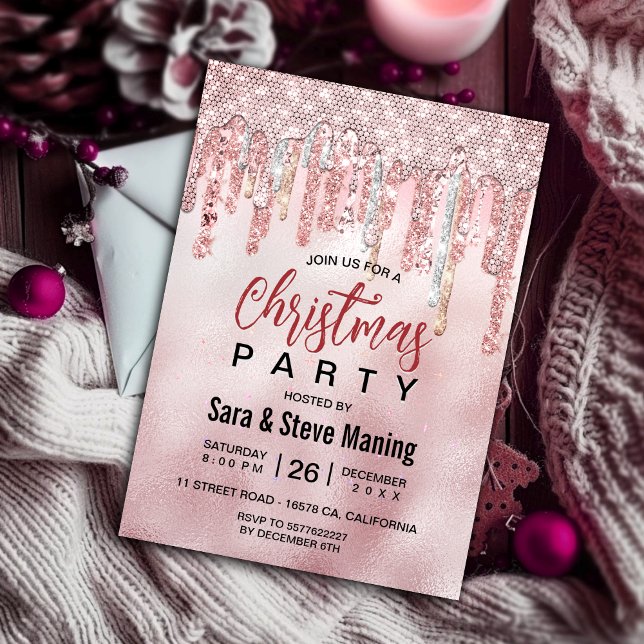 Chic rose blush gold glitter drips Christmas  Invitation (Creator Uploaded)