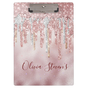 Chic rose blush gold glitter drips monogram clipboard
