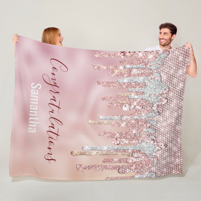 Chic rose blush gold glitter drips monogram fleece blanket (In Situ)