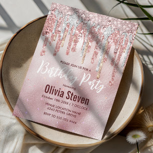 Chic rose blush gold glitter drips monogram invitation