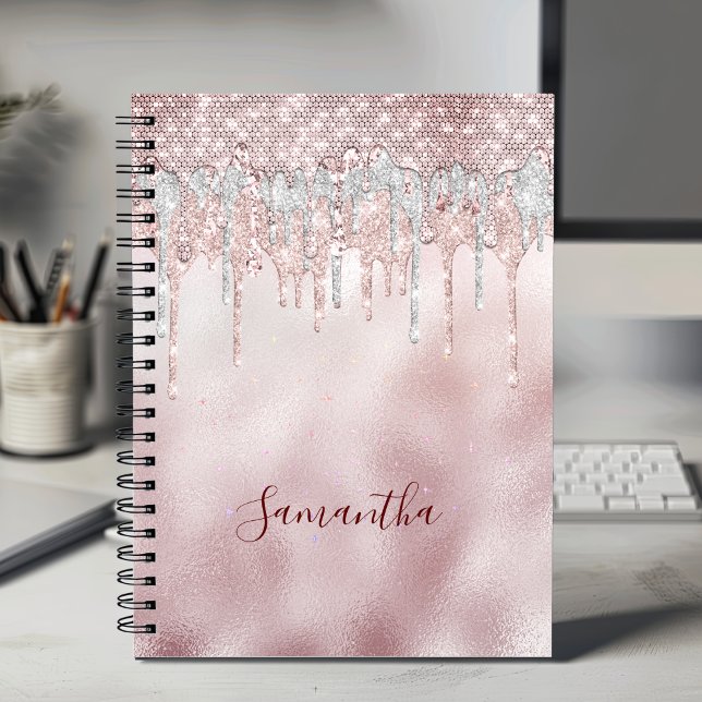 Chic rose blush gold glitter drips monogram  notebook (Creator Uploaded)