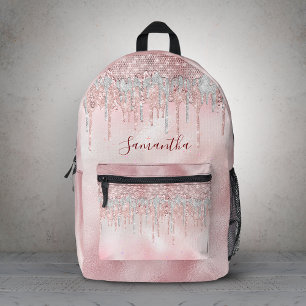 Chic rose blush gold glitter drips monogram printed backpack
