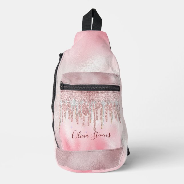 Chic rose blush gold glitter drips monogram sling bag (Front)