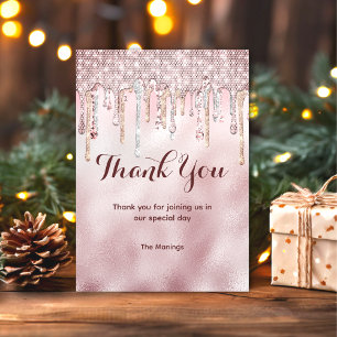 Chic rose blush gold glitter drips thank you card