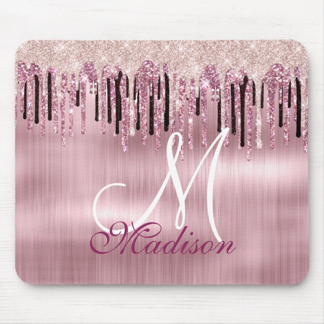 Chic rose blush pink dripping monogram mouse pad (Front)