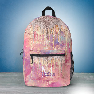 Chic rose blush pink glitter drips monogram access printed backpack