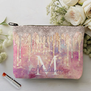 Chic rose blush pink glitter drips monogram accessory pouch