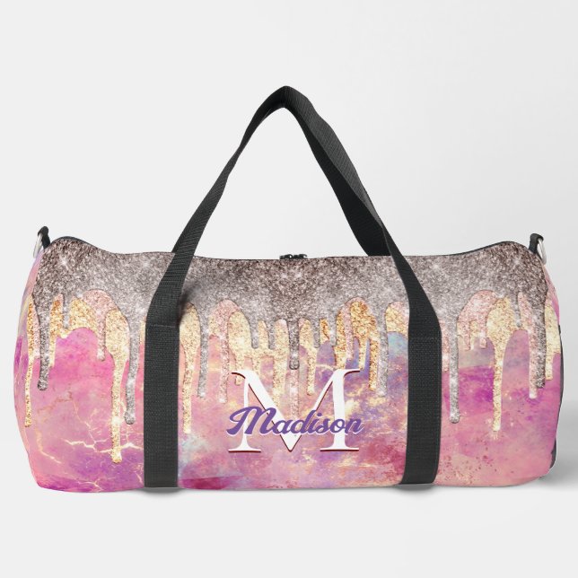 Chic rose blush pink glitter drips monogram duffle bag (Front)