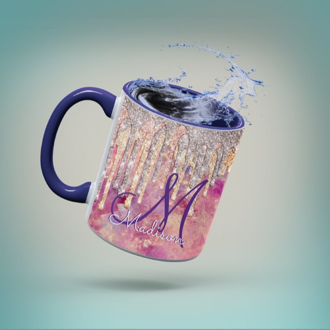 Chic rose blush pink glitter drips monogram mug (Creator Uploaded)