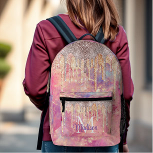 Chic rose blush pink glitter drips monogram printed backpack