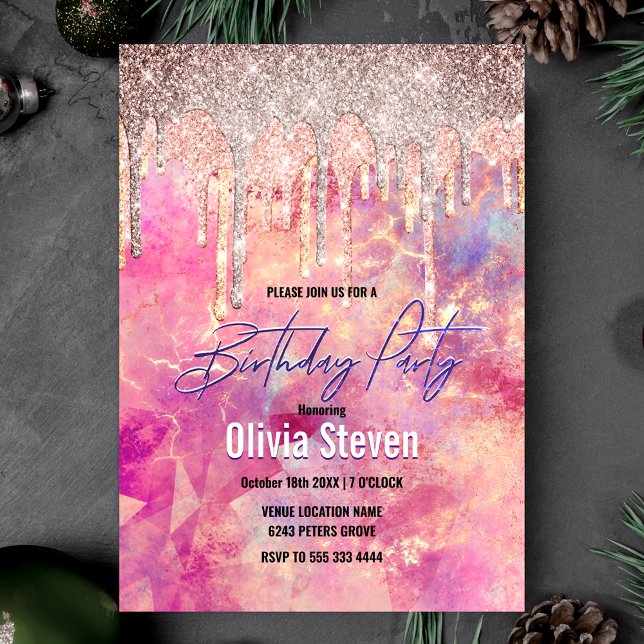 Chic rose blush pink holographic dripping invitation (Creator Uploaded)