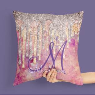 Chic rose blush pink holographic dripping monogram cushion