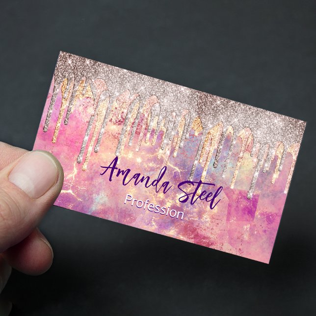 Chic rose blush pink holographic dripping monogram 	Magnetic business card (Creator Uploaded)