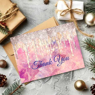 Chic rose blush pink holographic drips thank you card