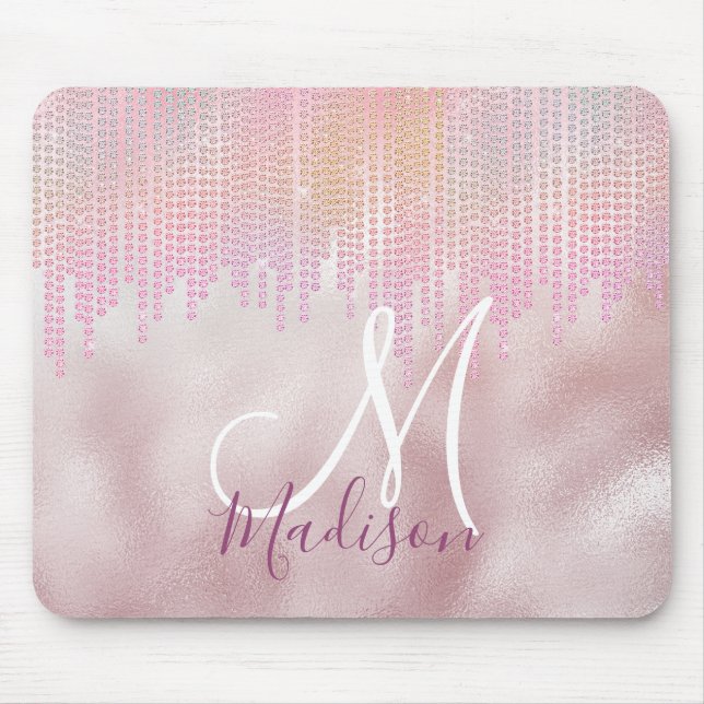Chic rose blush rhinestone drips monogram mouse pad (Front)