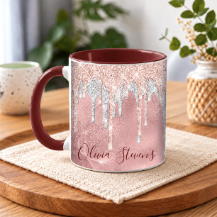 Chic rose blush silver dripping monogram mug