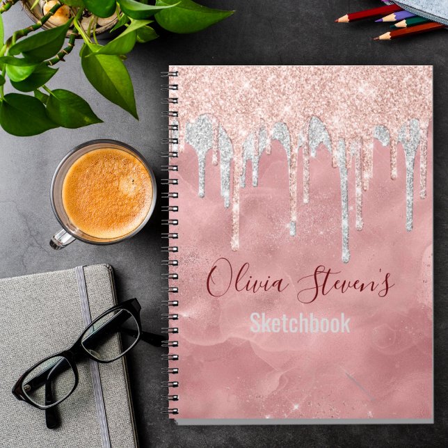 Chic rose blush silver dripping monogram notebo notebook (Creator Uploaded)