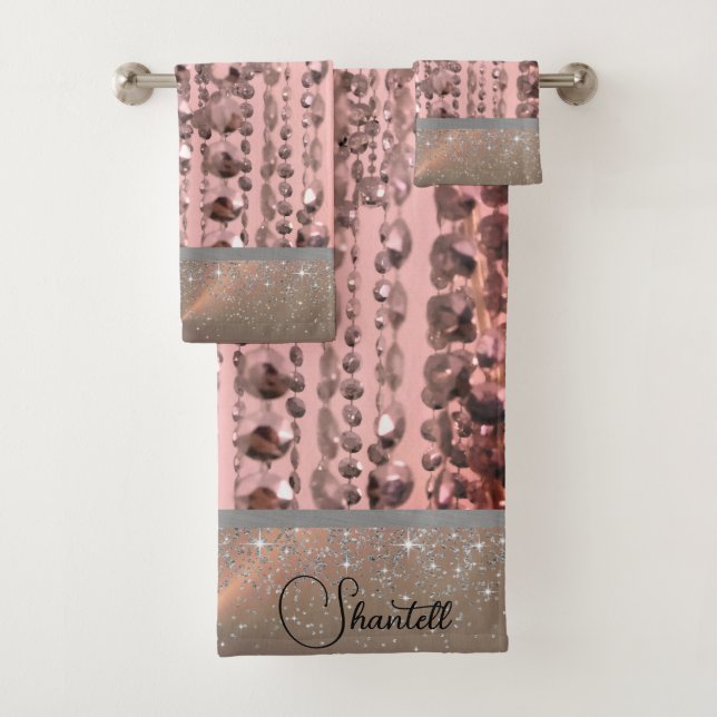 Chic Rose Blush Stringed Beads Personalised Bath Towel Set (Insitu)