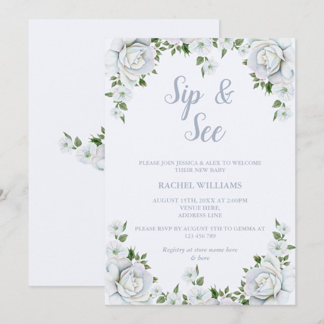 Chic Rose Border Sip & See Invitation (Front/Back)