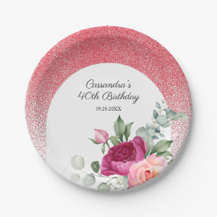 Chic Rose Floral Red Glitter Birthday  Paper Plate
