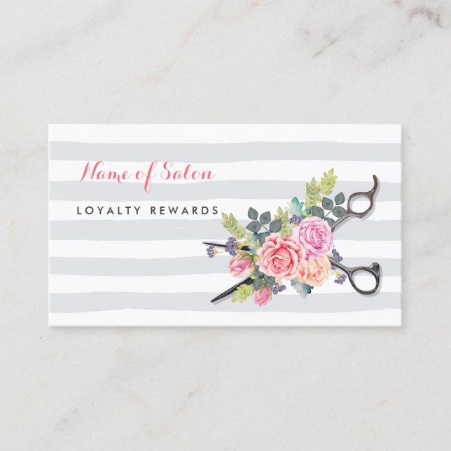 Chic Rose Floral Scissors Salon Loyalty Punch Card (Front)