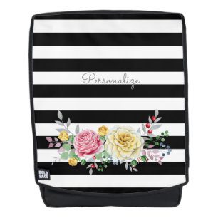 Chic Rose Floral Trendy Black Stripes and Name Backpack