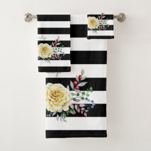 Chic Rose Floral Trendy Black Stripes and Name Bath Towel Set