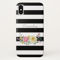 Chic Rose Floral Trendy Black Stripes and Name