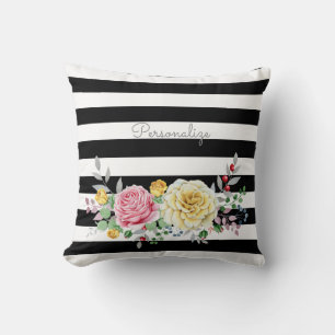 Chic Rose Floral Trendy Black Stripes and Name Cushion