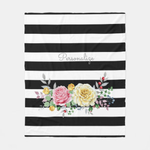 Chic Rose Floral Trendy Black Stripes and Name Fleece Blanket
