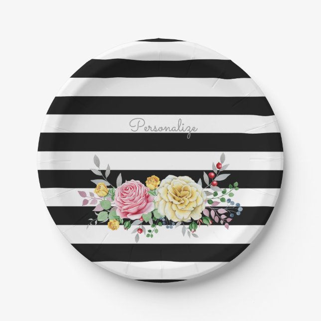 Chic Rose Floral Trendy Black Stripes and Name Paper Plate (Front)