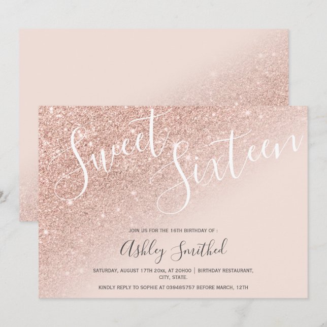 Chic rose glitter ombre pink sweet sixteen 16 invitation (Front/Back)