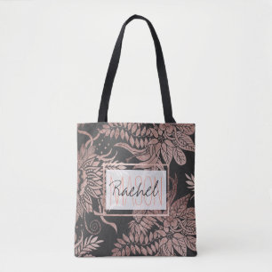 Chic Rose Gold and Black Floral Drawings Monogram Tote Bag